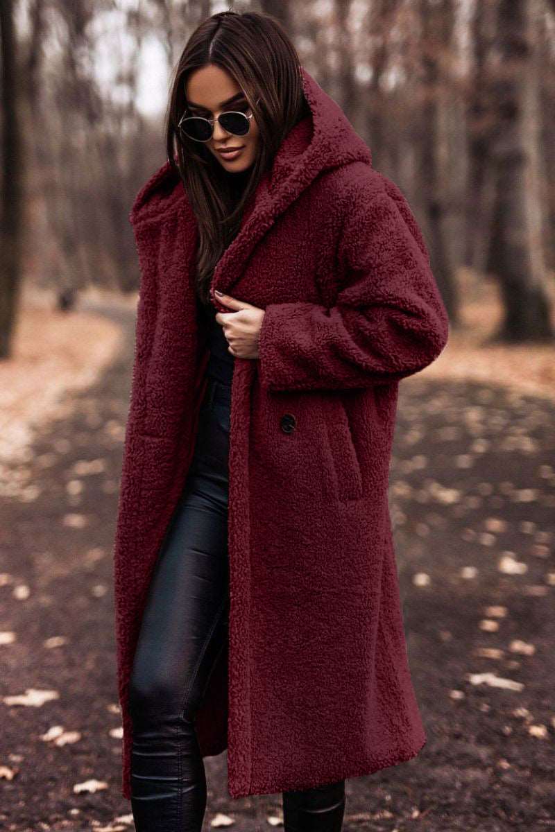 Fashion Long Clean Color Long Sleeve Woolen Women's Coat