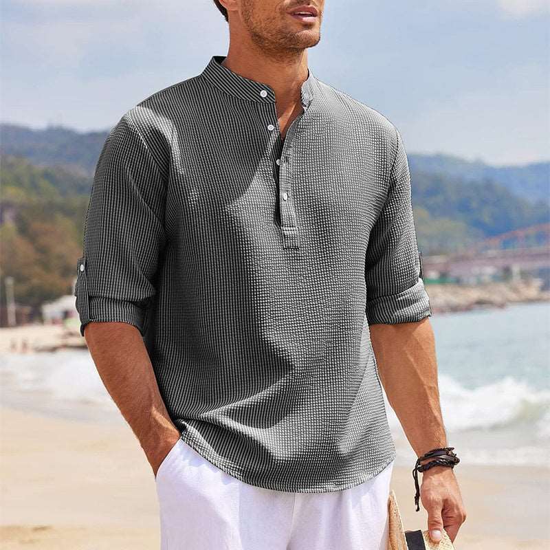 Men's Casual Shirt  Long Sleeve Stand Collar Solid Color Shirt Mens Clothing