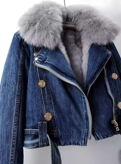 Detachable Fox Fur Rabbit Fur Liner Denim Coat