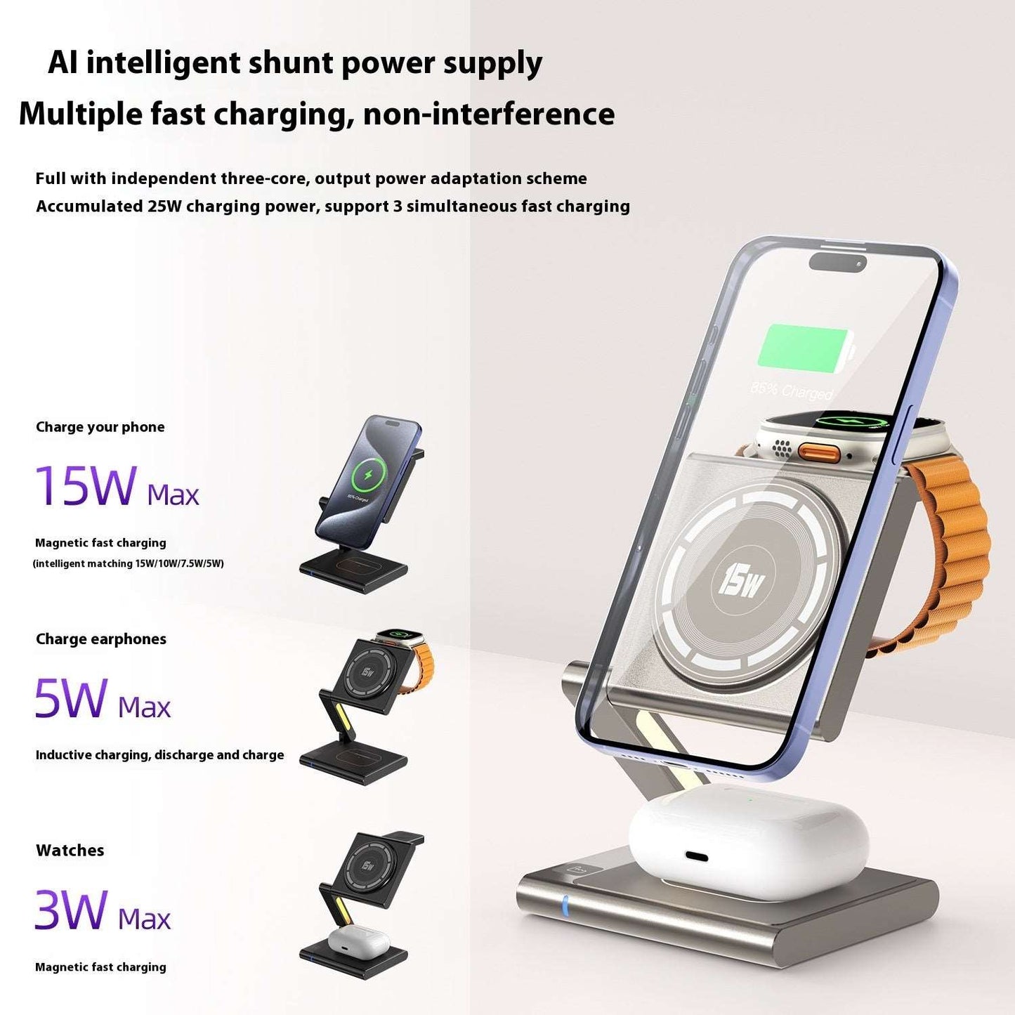 Folding Mobile Phone Headset Watch Three-in-one Wireless Charger