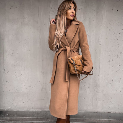 Woolen Coat Simple Fashion V-neck Lace Up Long Coat For Women