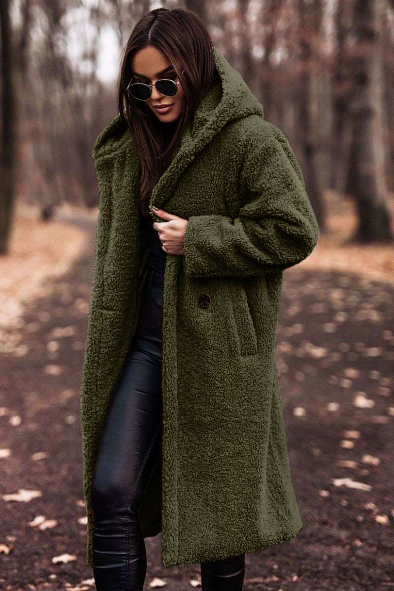 Fashion Long Clean Color Long Sleeve Woolen Women's Coat