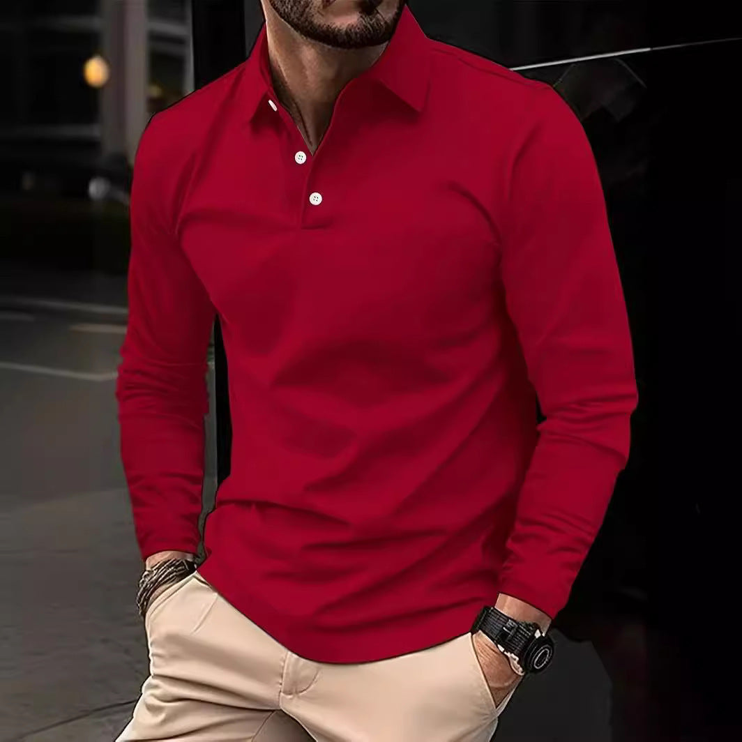 Buckle European And American Men's Daily Casual Polo Collar Long Sleeve Polo Wear