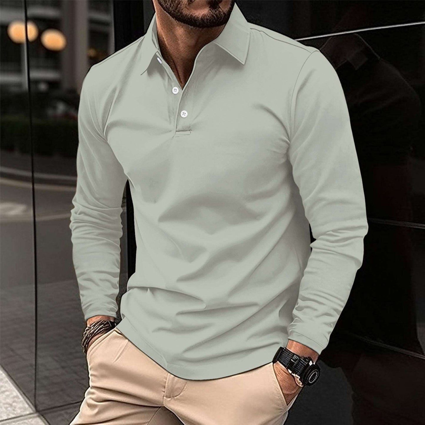 Buckle European And American Men's Daily Casual Polo Collar Long Sleeve Polo Wear