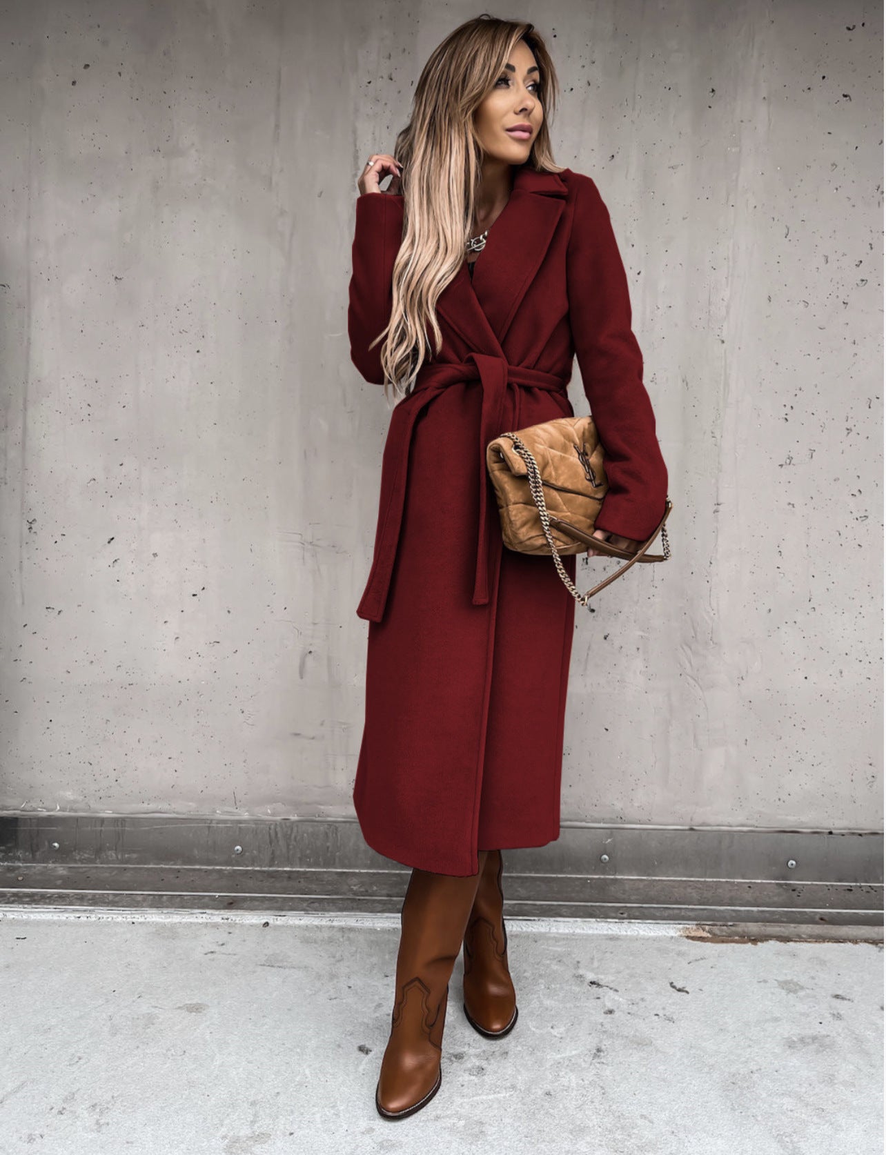 Woolen Coat Simple Fashion V-neck Lace Up Long Coat For Women